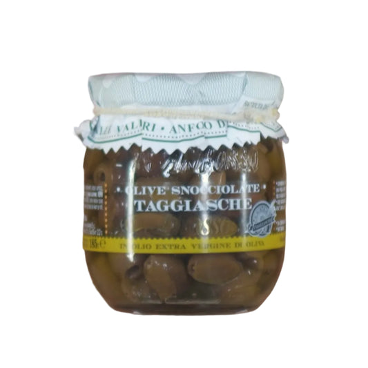 OLIVE SNOCCIOLATE TAGGIASCHE IN OLIO EXTRAVERGINE DI OLIVA